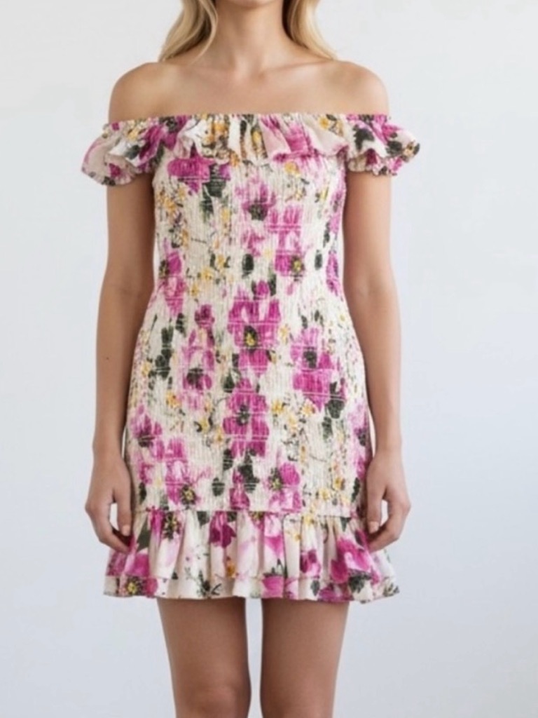Abercrombie & Fitch Women’s Off-Shoulder Pink Floral Summer Dress, Size Large